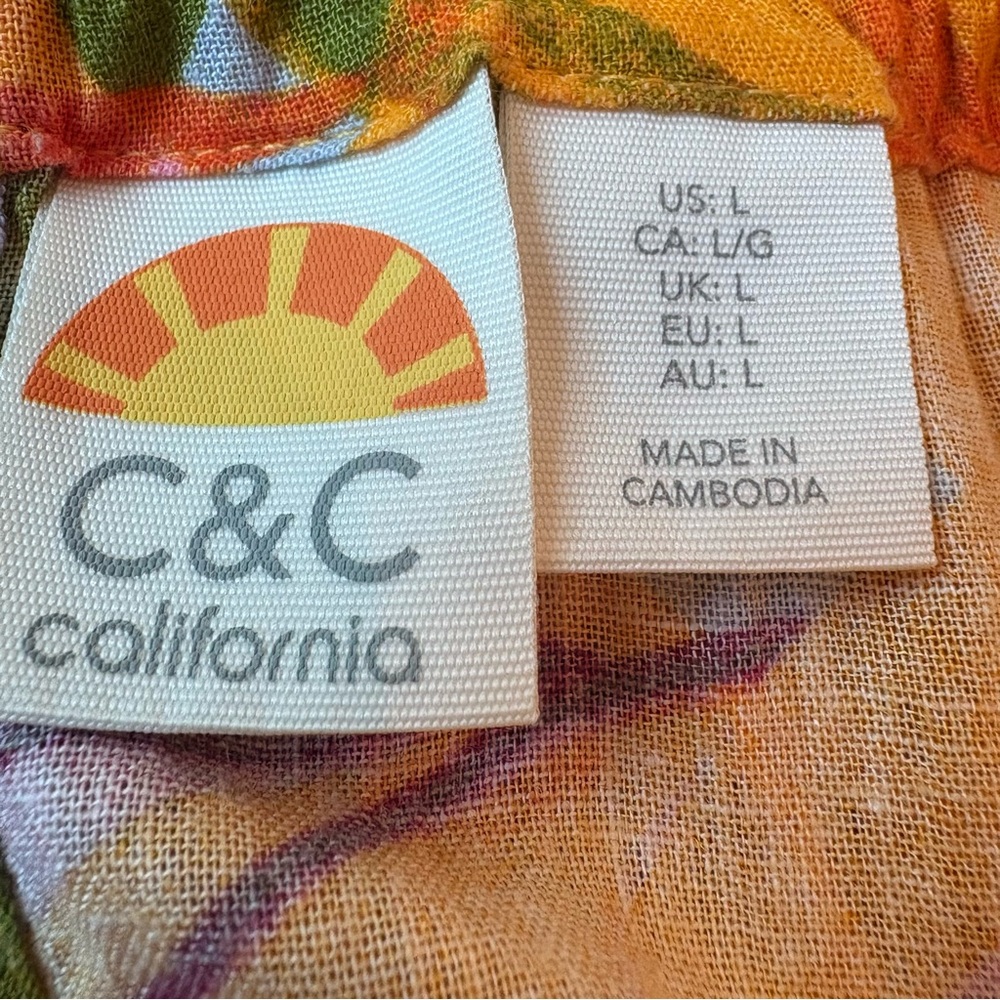 C & C California Linen Blend Tropical Palm Orange Colorful Long Shift Dress! Lg - Picture 8 of 13